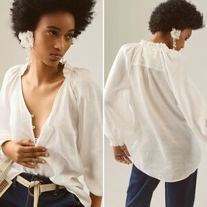 Maeve Anthropologie NWT Audie Linen Puff Sleeve Blouse in White Size M Petite